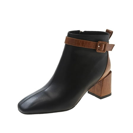 

Fashion Autumn Women Boots Chunky Heel Middle Heel Colorblock Zipper Decorative Buckle