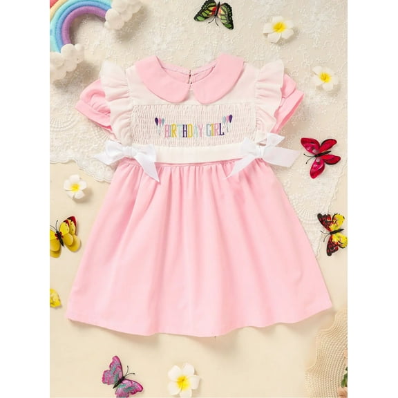 VIWORLD Girls' Pink Smocked Birthday Dress Short Sleeve with Detachable Collar and "Birthday Girl" Embroidery Knee-Length Party Dress for Special Occasions