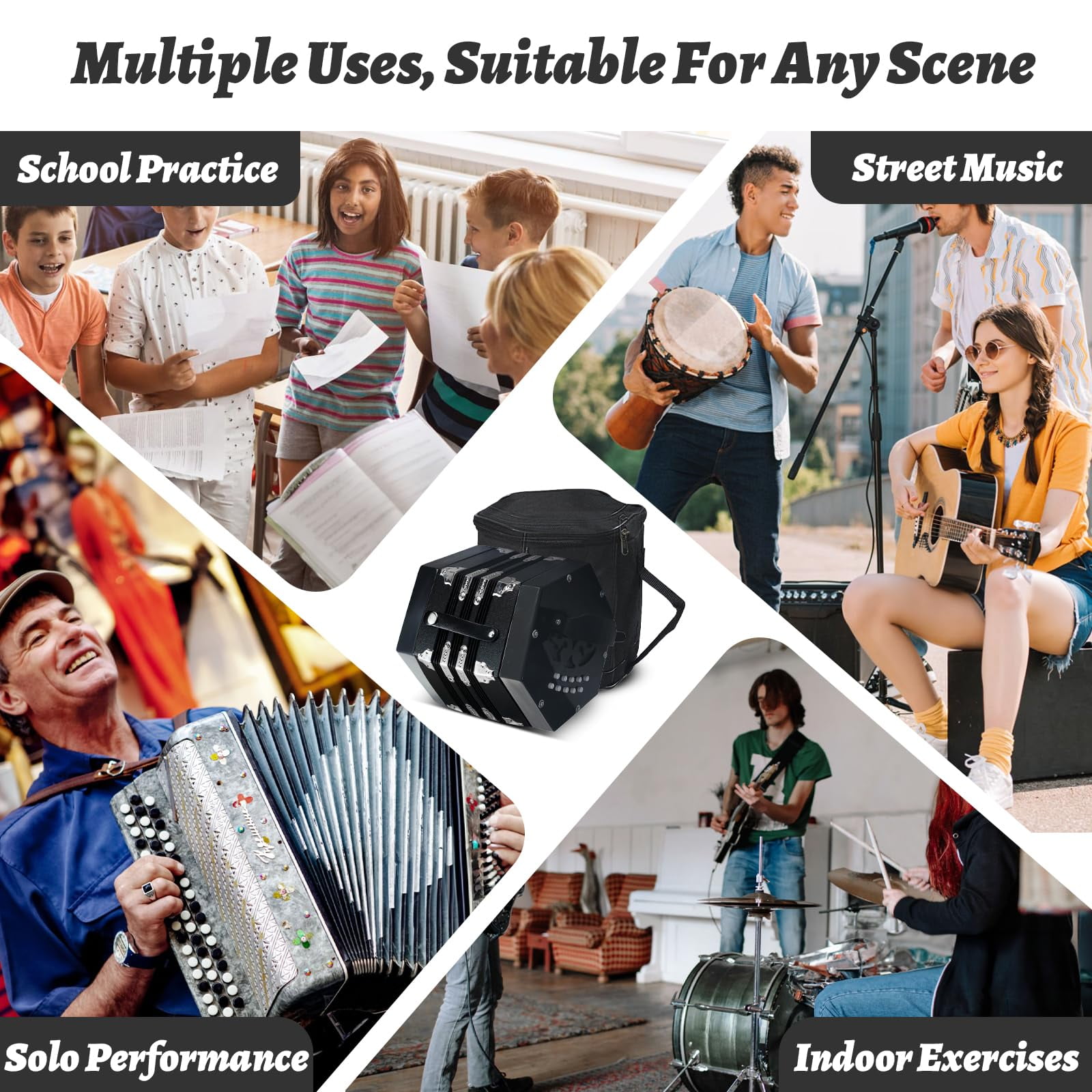Concertinas,20-Key Accordion for Adults, Professional Accordion for Beginners, Adjustable Hand Straps, Instrument Accessories (Black)