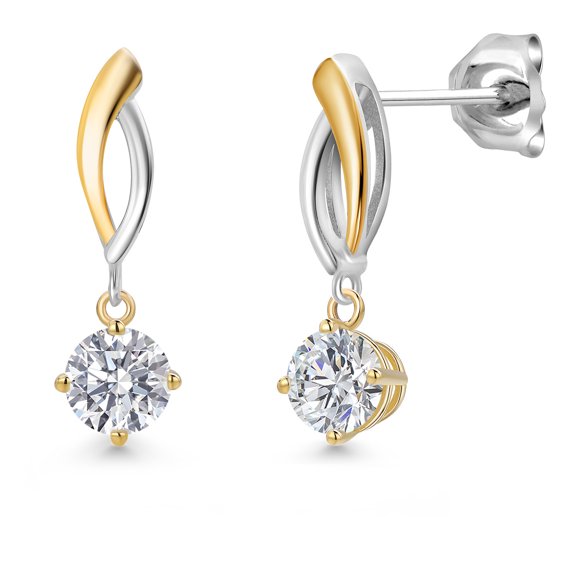 Gem Stone King 0.80 Cttw Lab Grown Diamond Dangle Earrings for Women | 925 Silver and 10K Yellow Gold | Gemstone April Birthstone | DEF Color | VVS-VS Clarity | Round 4.5MM