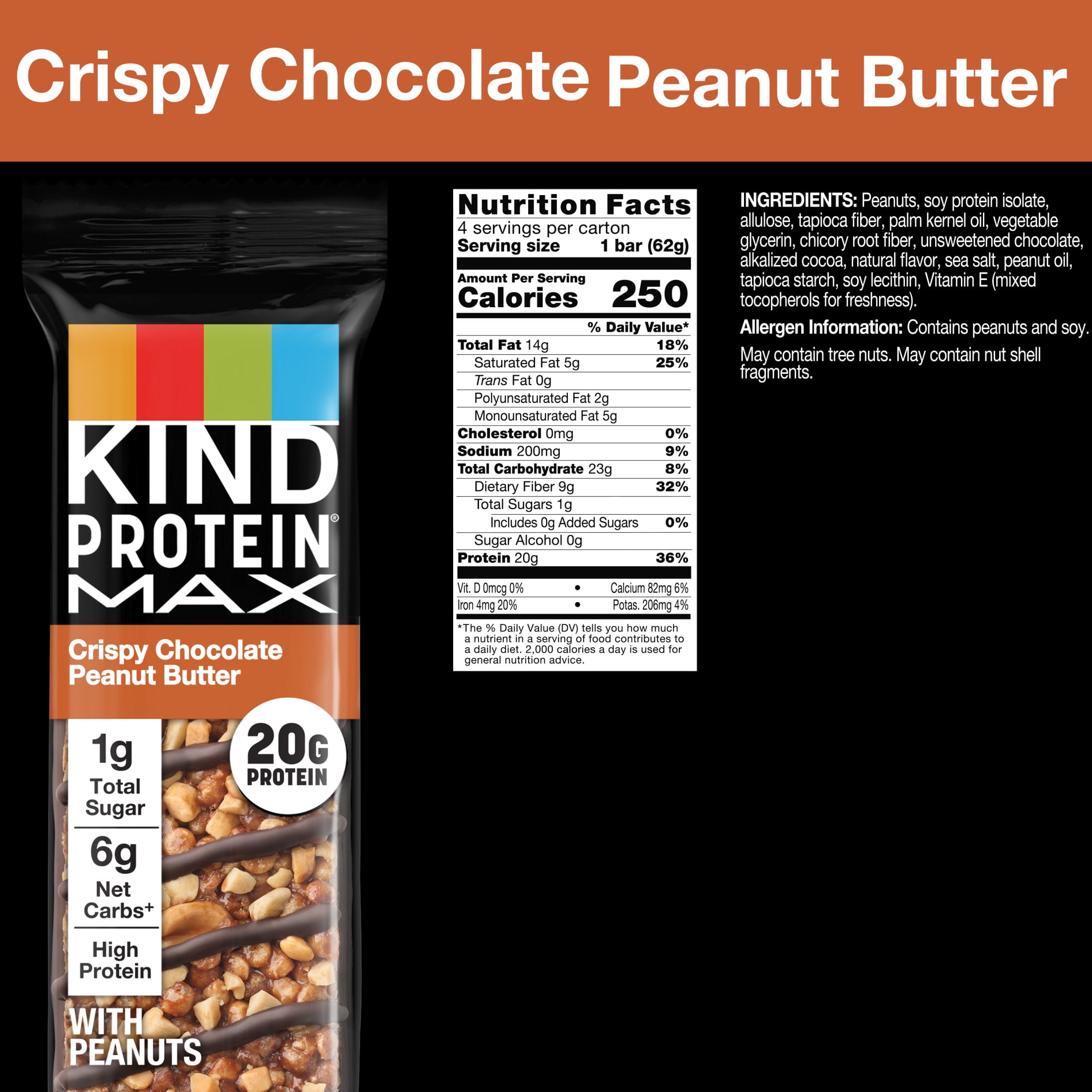 (6 pack) KIND, Gluten Free, Protein MAX, Crispy Chocolate Peanut Butter 20g Protein Bars, 4 Count Box