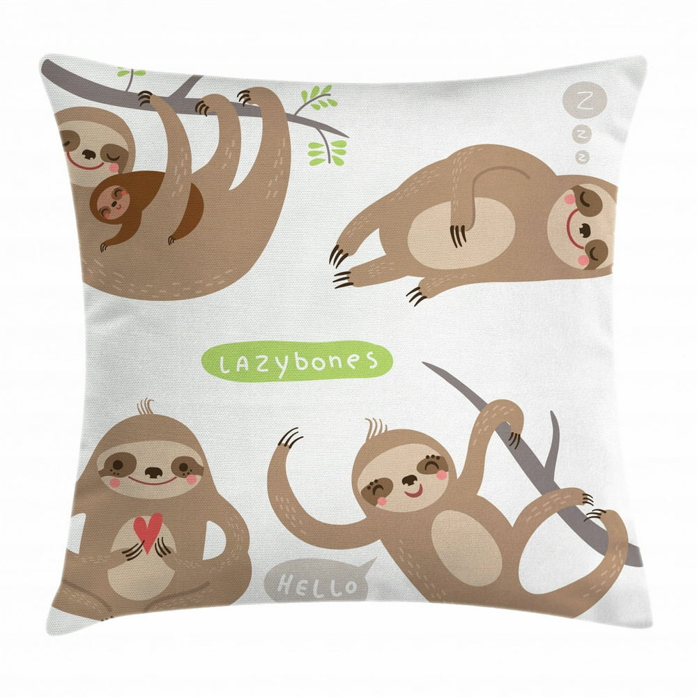 Sloth Throw Pillow Cushion Cover, Childish Collection of Funny Cute Lazy Sloths Hugging Family
