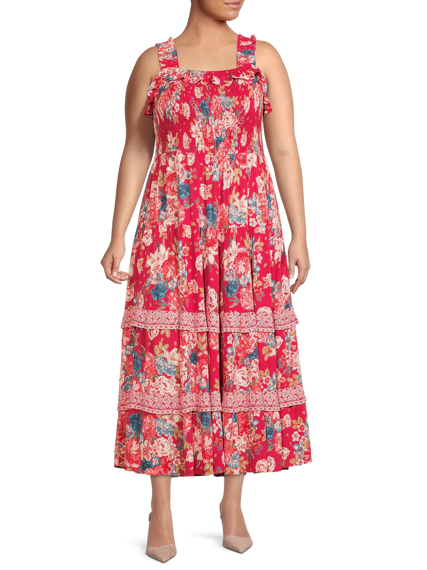 Romantic Gypsy Women's Plus Size Smocked Tiered Midi Dress
