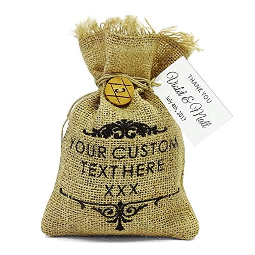 "20 Wedding Burlap Favor Bags Rustic With Personalized Text & Custom Paper Tags Drawstring Gift Bag Wedding Party Sack 4""x6.5"" inches"