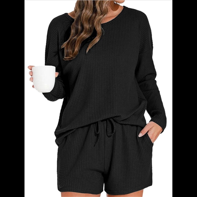 Conjunto de Pijama para Mujer, de Punto Gofre, Informal, de Dos Piezas, con Bolsillos Negro XL