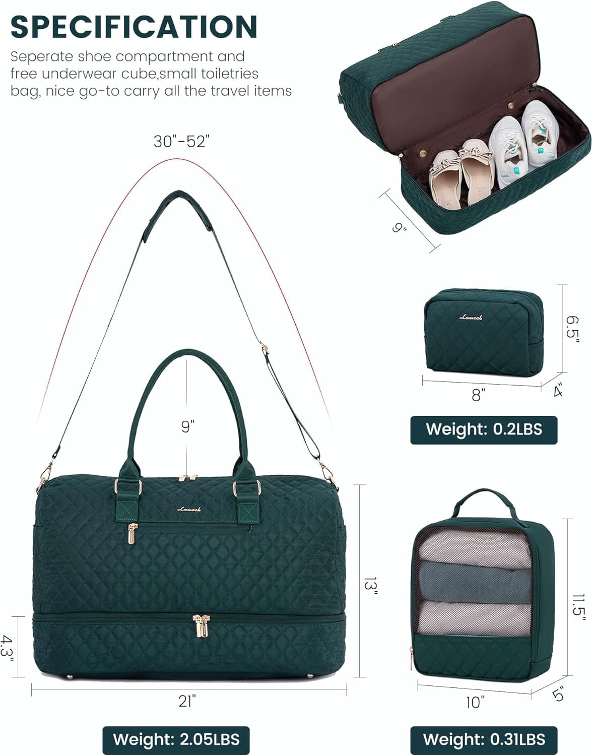LOVEVOOK Travel Duffle Bag for Women, Weekender Overnight Bag with Shoe Compartment, Carry on Bag with Toiletry Bag, Gym Duffel Bag with Wet Pocket, Hospital Bags for Labor and Delivery 3 Pcs Set