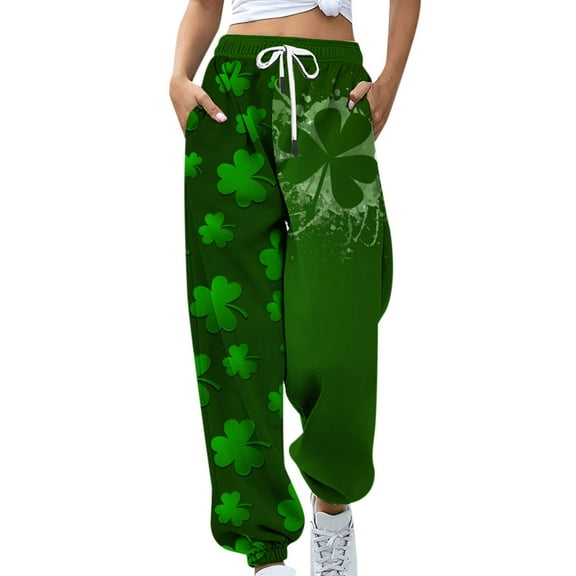 AOOCHASLIY 2023 Women Pants St. Patrick's Day Women's Fashion Casual Printing Pocket Elastic Waist Trousers Long Straight Pants Sweatpants