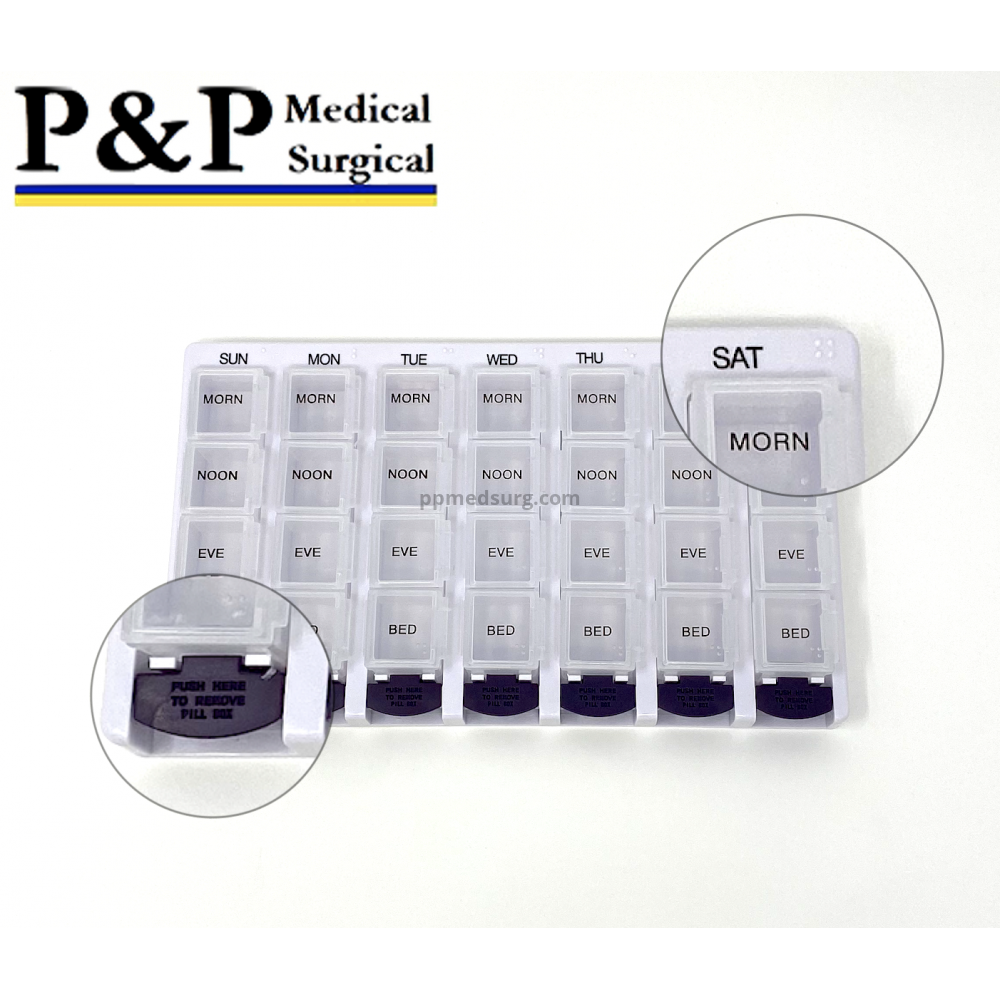 Weekly AM/PM Pill Box Portable Travel Prescription & Medication Pill Case Organizer (7-Day / 4-Times-A-Day) with Large Removable Compartments and Moisture-Proof Design Case of 60