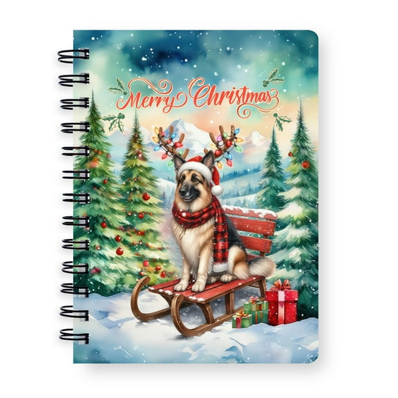 Merry Christmas Santa Reindeer Antlers German Shepherd Sleigh Xmas Winter Holiday Spiral Bound Journal Alsatian Dog Lover Gifts 5x7in Spiral Notebook - 00023