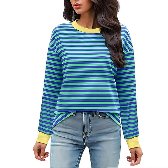 Kovlvoll Womens Long Sleeve Tops Striped Crewneck Loose Casual Soft Lightweight Fall Blouses Tunic Top