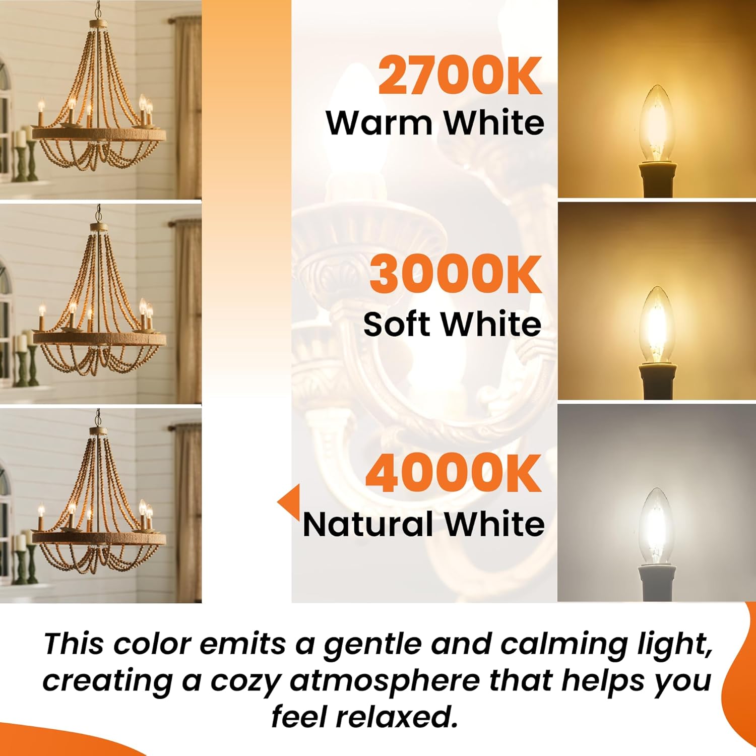 LED 6 Watts (60W Equivalent) 600 Lumens Candelabra Bulb Clear Filament, 2700K, Dimmable, E12 Base, CRI90, CETL Certified (4000k, 6 Pack)