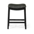 thumbnail image 5 of Maven Lane Adrien 26" Wood Counter Height Stool - Handcrafted Aged Black Finish with Charcoal Black Vegan Leather Upholstered Saddle Seat for Comfort - Durable Barstool for Kitchens, Dining Rooms, 5 of 7