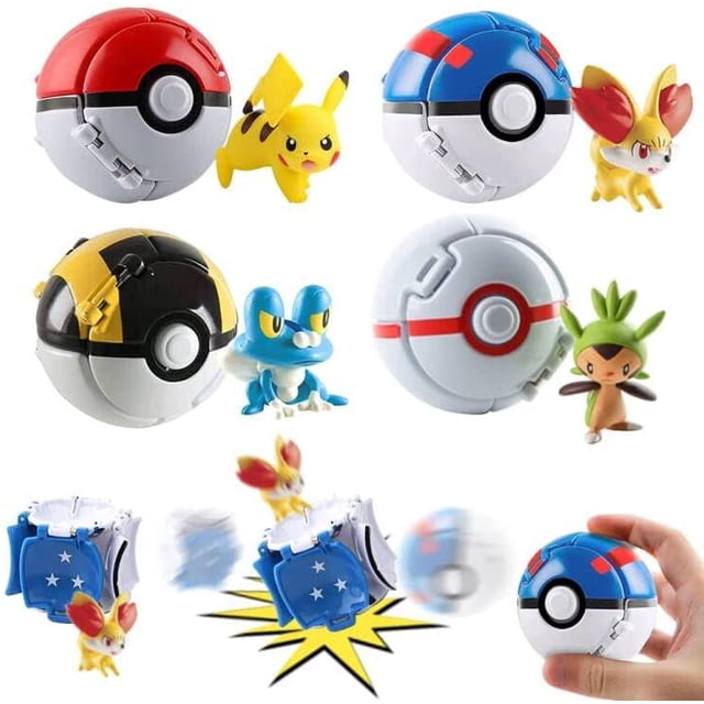 Set de 4 piezas de Poké Ball, Poké Ball con muñeco, pelota saltarina, mini muñeco, regalo de cumpleaños para niños