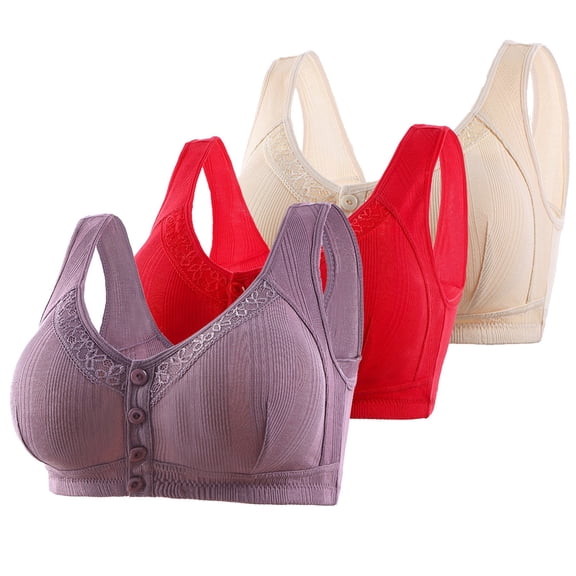 Tumotour Front Open Bras For Women Full Coverage Wirefree Bra Button Closeure Bra For Mom Gift Nursing Underwear Stripe Printing Bra Buckle Daily Underwear 3Pcs