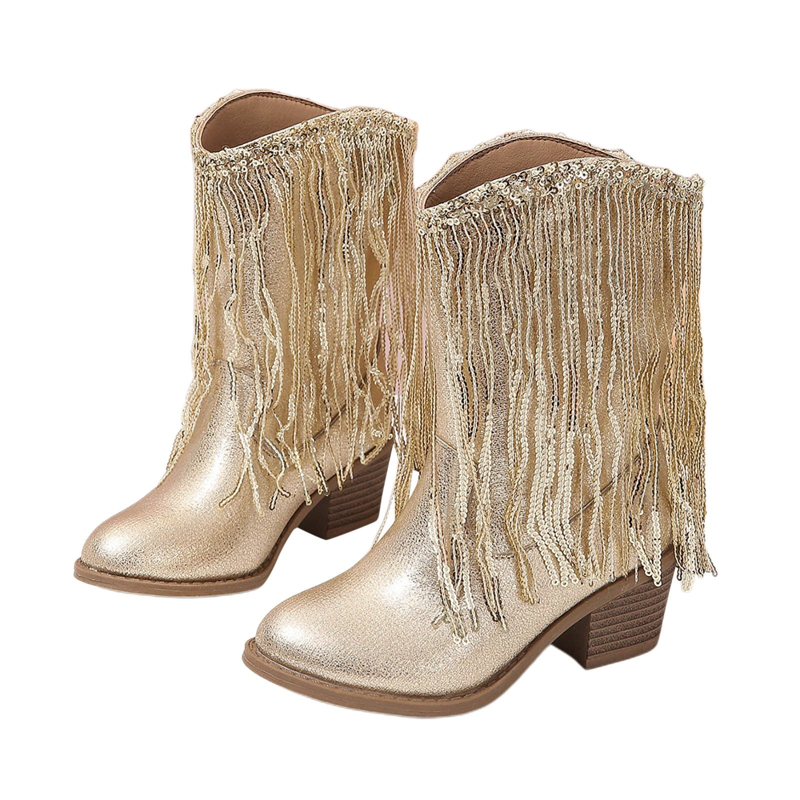 Luogg Girls New Solid Color Leather Fashion Children Western Cowboy Boots Autumn And Winter Casual Kids Tassel Boots Girls Rain Boots Size 11-11.5 Years