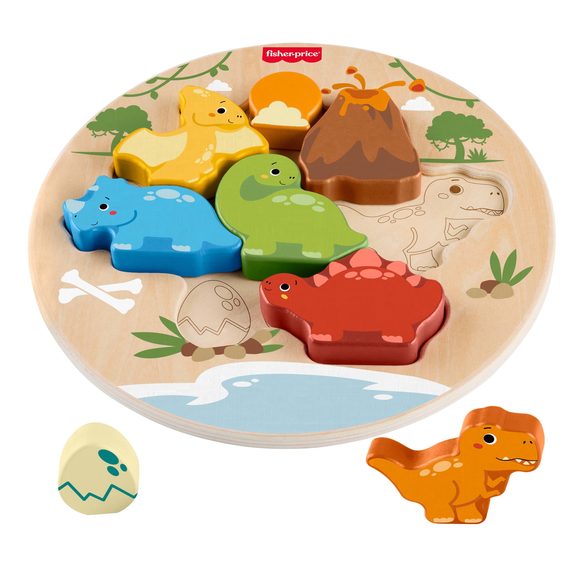 Fisher-Price Wooden 2-in-1 Dinosaur Puzzle Activity Toy for Toddlers & Kids, 8 Pieces