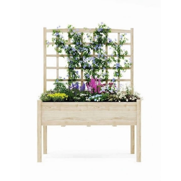 Accreate Raised Wooden Garden Bed with Trellis and Legs, 65" Tall Elevated Planter Box with Liner, Outdoor, Patio, Balcony, Climbing Plants, Flowers, Vegetables, Herbs