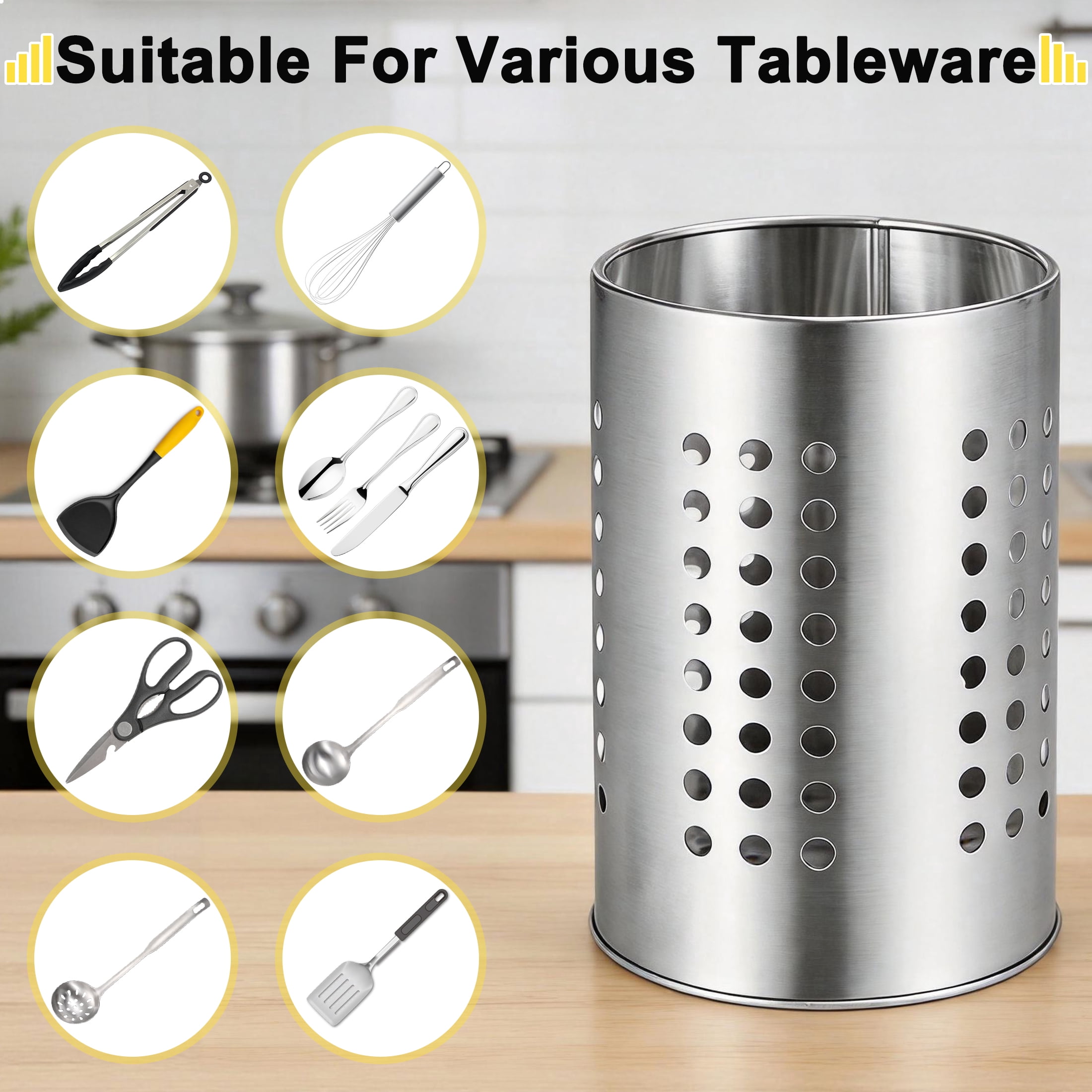 Cisilov 2 Pcs Cooking Utensil Holder, Stainless Steel Kitchen Utensil Holder, Utensil Organizers for Kitchen Countertop, Kitchen Home Office