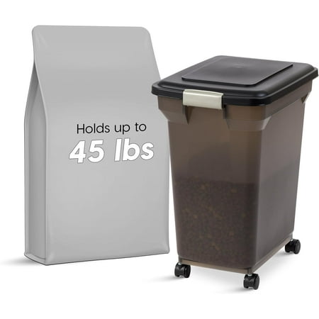 IRIS USA 42 Lbs / 55 Qt WeatherPro Airtight Pet Food Storage Container with Attachable Casters  For Dog Cat Bird and Other Pet Food Storage Bin  Keep Fresh  Easy Mobility  BPA Free  Smoke/Black