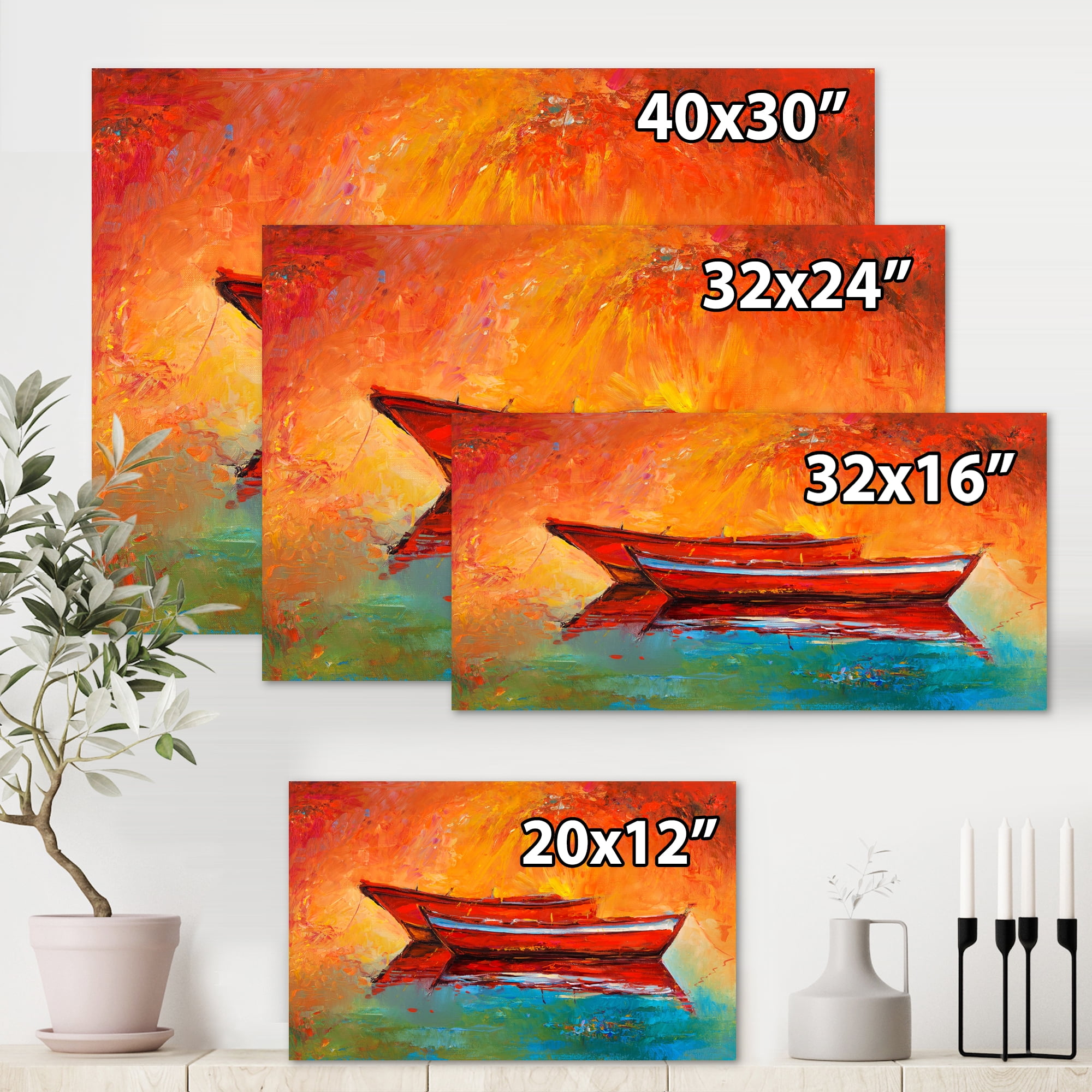 Designart ' Two Red Boats During Sunset In Lake ' Nautical & Coastal Canvas Wall Art Print