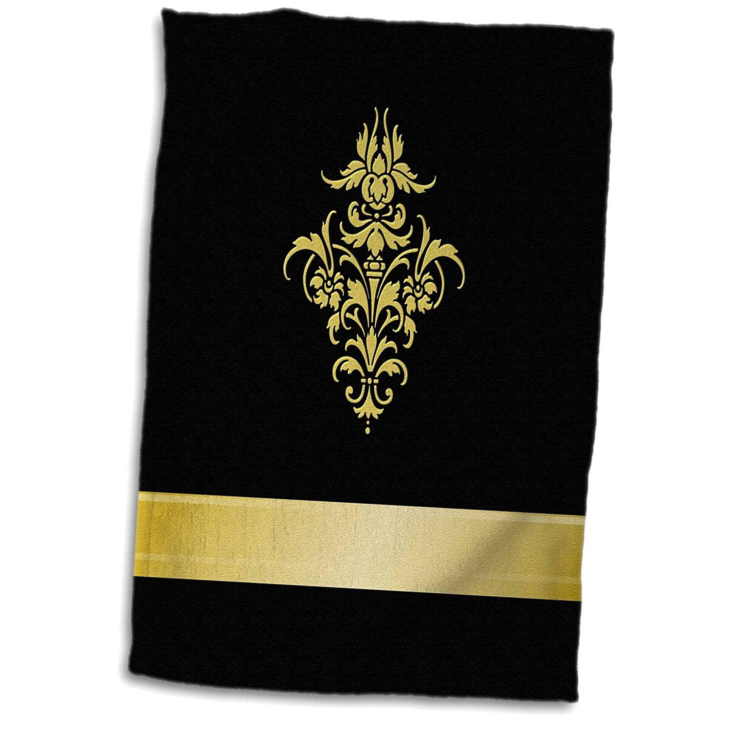 3D Rose Ribbon and Bow On Damask Design-Black and Gold Hand Towel 15 x 22 3dRose twl_223591_1 