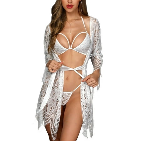 

LOVECOCO Womens Sexy Lingerie Set Bra G-String Cover Up Kimono Bathrobe Nightwear Lace Babydoll Sleepwear