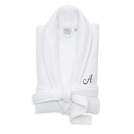 

Authentic Hotel and Spa White Unisex Turkish Cotton Waffle Weave Terry Bath Robe with Grey Block Monogram V S/M