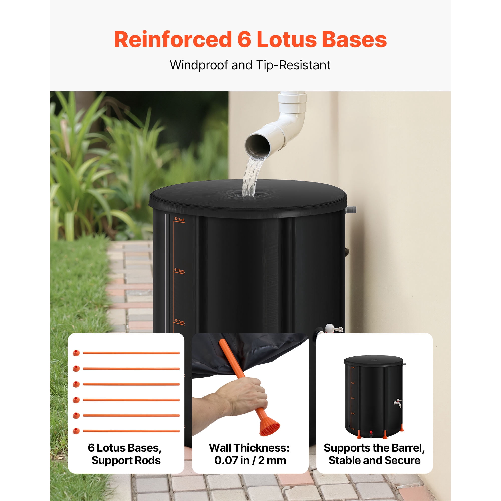 KFFKFF Collapsible Rain Barrel, 53 Gallon Portable Rainwater Collection System, Durable 1000D PVC Garden Water Storage Tank with Spigot and Overflow Kit, Black