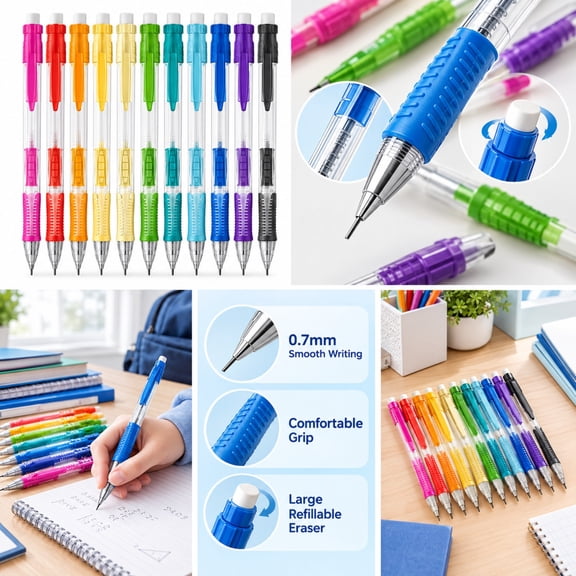 10-Pack Paper Mate Clear Point #2 Mechanical Pencils, 0.7mm Lead, Multicolored, Comfortable Grip, Refillable Erasers