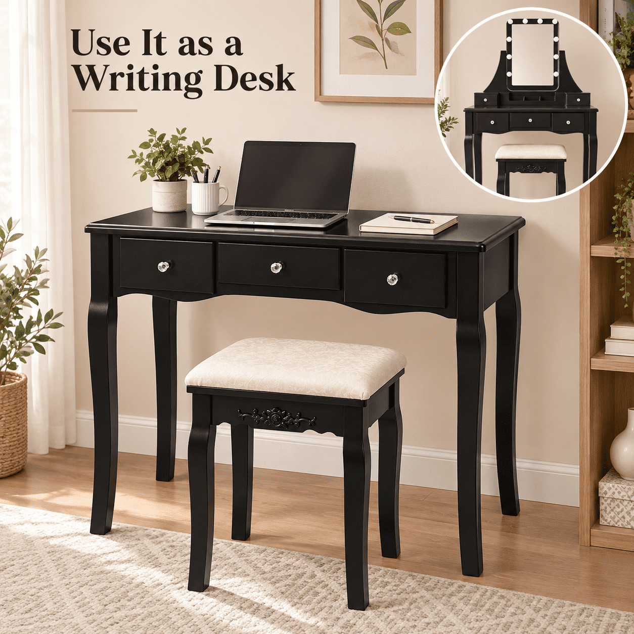 Furnibear Vanity Dressing Table with 10 Dimmable Light Bulbs and Cushioned Stool, Makeup Vanity Desk with 5 Drawers and Rotating Mirror, Black