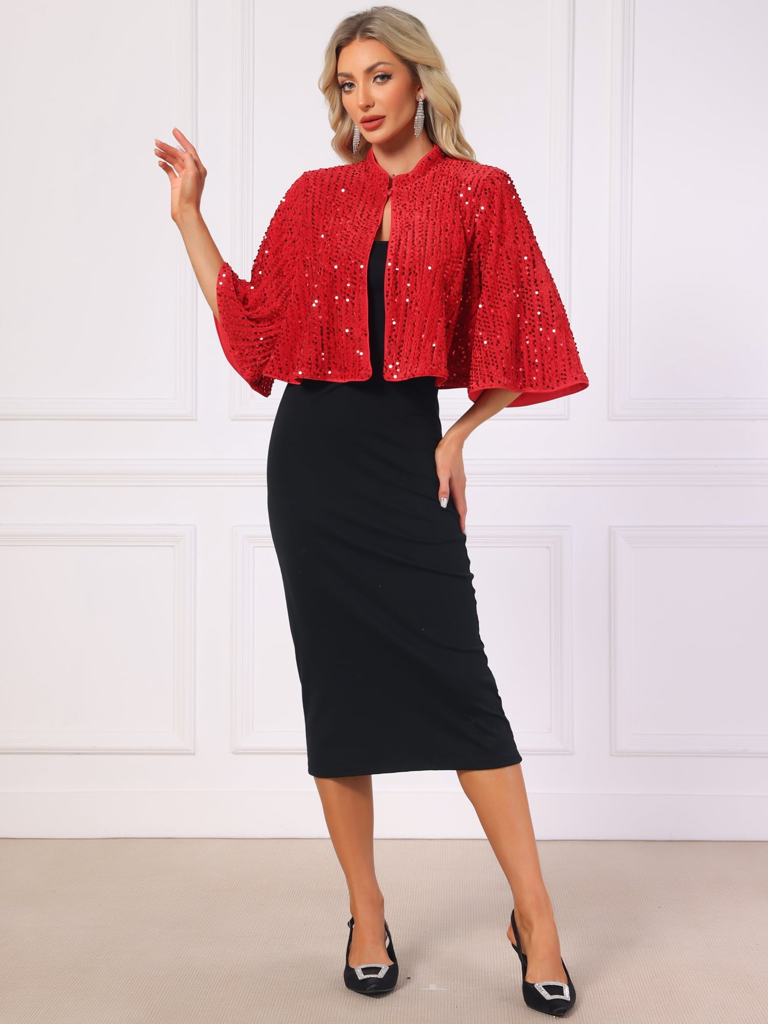 DARING DIVA Women's Sequin Jackets Velvet Capelet Cocktail Sprakly Bolero Shrugs M Red