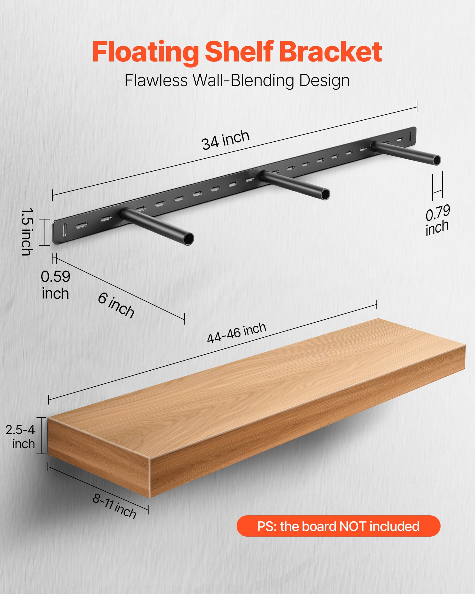 VEVOR Floating Shelf Bracket 1 Pack, 190 lbs/86 kg Weight Capacity, 34x6.2x1.5 inch / 863.6x157.4x38.1 mm, Heavy Duty Hidden Shelf Brackets Support, Wall Mounting Invisible Floating Shelves Bracket