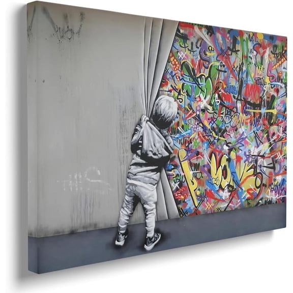 Aaheei Colorful Graffiti Banksy Canvas Wall Art, Kid Behind Curtain Poster for Bedroom, Living Room, Kitchen, Office Wall Decor 8 x 10 in