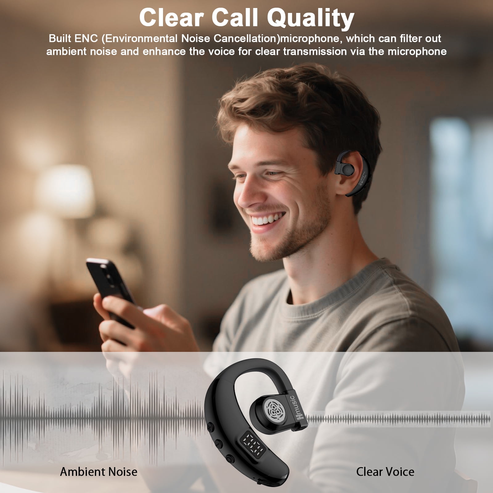 Hmusic 20H Wireless Headset, Bluetooth 5.4 with Noise Cancelling Mic and Pure-HD Sound, Open-Ear Comfort Earpiece for Driving, Work, Transcription