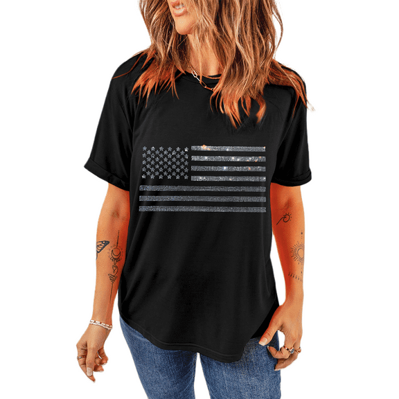 Women's Black Glittering Rhinestone American Flag Pattern T-Shirt