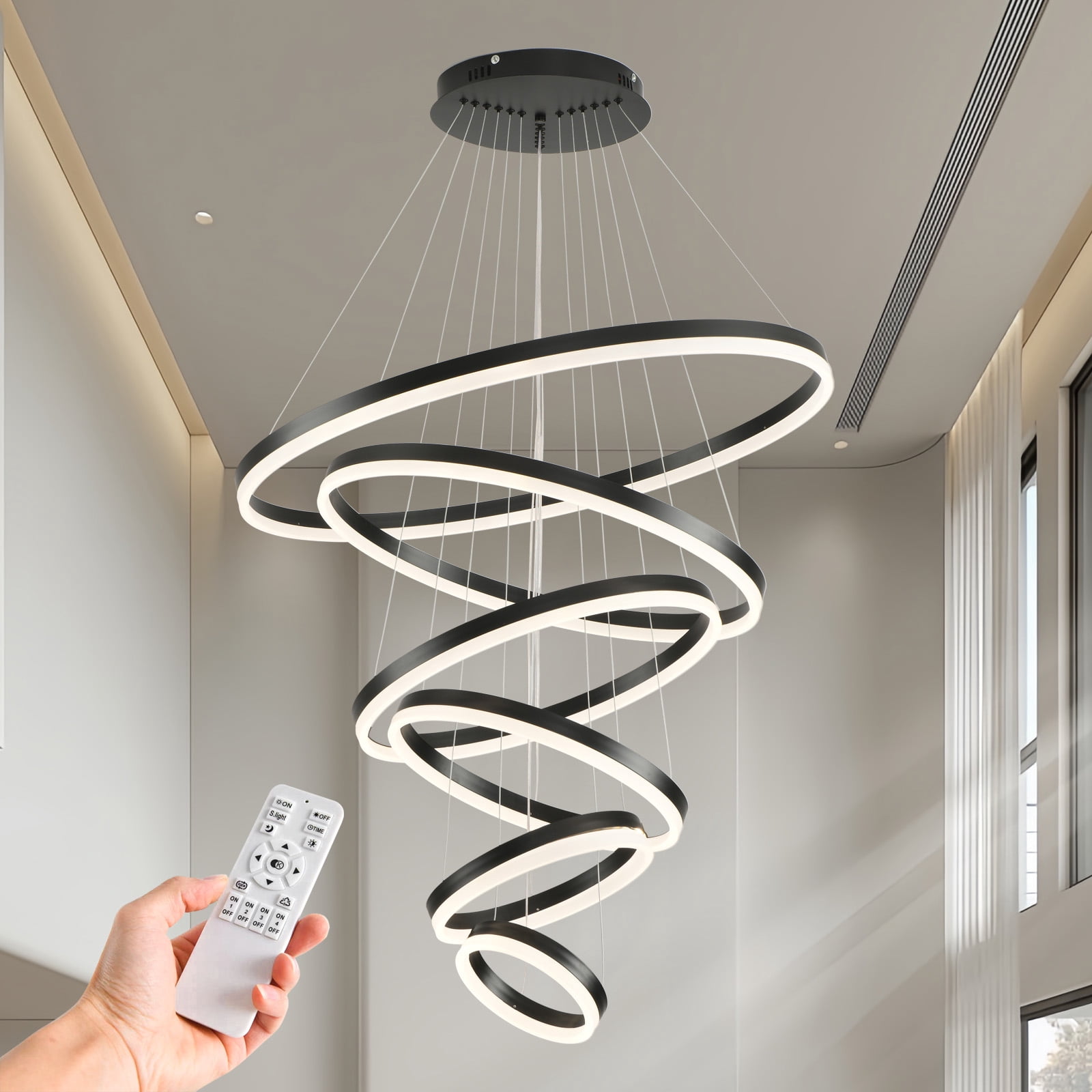 Modern 6-Ring LED Chandelier for High Ceilings, Adjustable Black Pendant Light with Remote, Dimmable Flush Mount Fixture for Foyer, Entryway, Living Room Dining Room