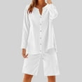 thumbnail image 2 of Jinhomg Women's 2 Piece Cotton Linen Outfit Long Sleeve V Neck Buttons Down Shirts And Wide Leg Shorts Tracksuits White,L, 2 of 7