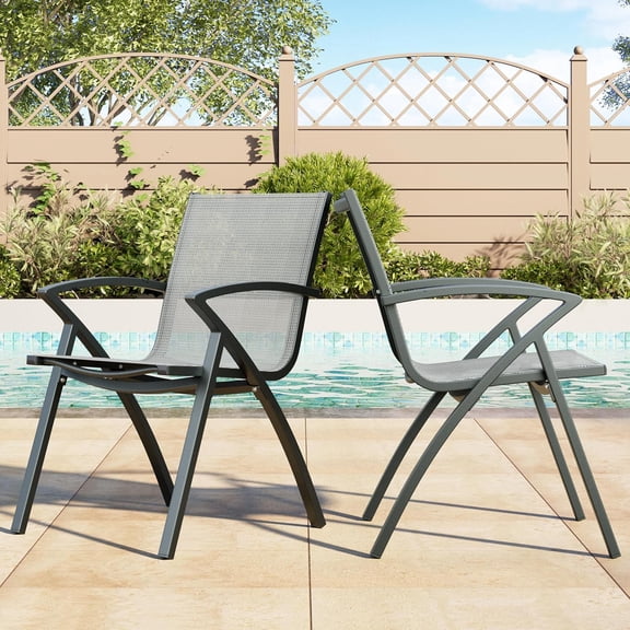 IdealHouse Patio Chairs Set of 2, All-Weather Rust-Resistant Aluminum Armchairs, Ergonomic Portable Dining Chairs for Garden Poolside Beach Deck, Grey