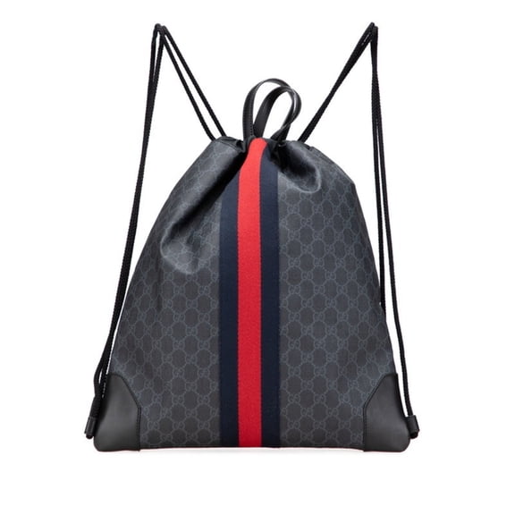 Pre-Owned Gucci GG Supreme Sherry Line Drawstring Backpack 473872 Gray Black Leather... (Good)