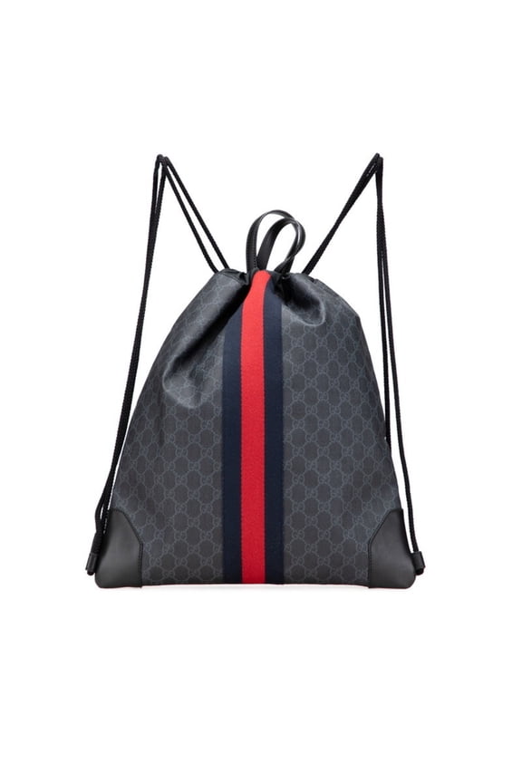 Pre-Owned Gucci GG Supreme Sherry Line Drawstring Backpack 473872 Gray Black Leather... (Good)