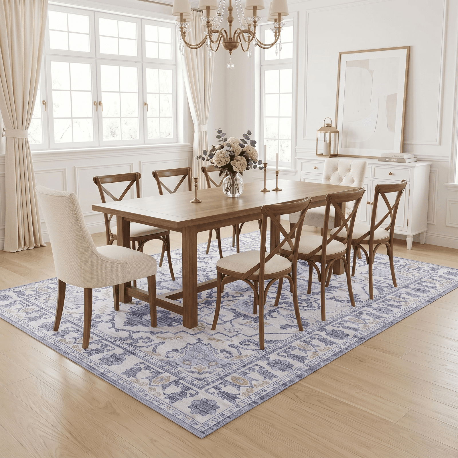 Kelno 8'x10' Area Rugs Vintage Living Room Rug Washable Low Pile Indoor Carpet Non-slip Soft Rug Bedroom Dining Room, Blue