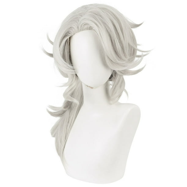 Peluca larga para cosplay Frederick, color crema claro, con cola de caballo pequeña