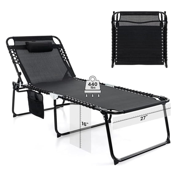 Lounge Chair for Outside, 440lbs 27” Oversize Folding Beach Tanning Sunbath Chair with Adjustable Backrest & Removable Pillow, Lightweight Portable Patio Lounger for Lawn Poolside (1, Black)