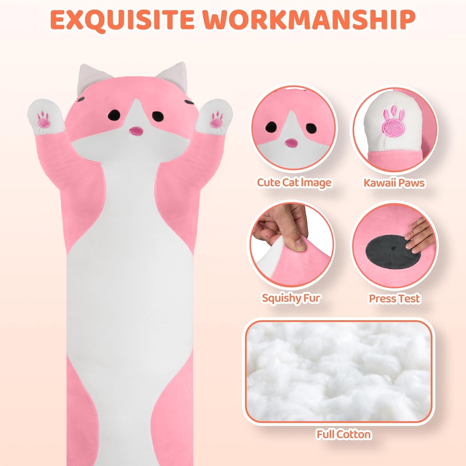 SANMADROLA Stuffed Animals Toys for Girls Boys 3-6 Years Giant Long Kawaii Cat Plush Body Pillow 59'' Kitten Plush Throw Pillow Doll Toy Gift for Girlfriend Pink