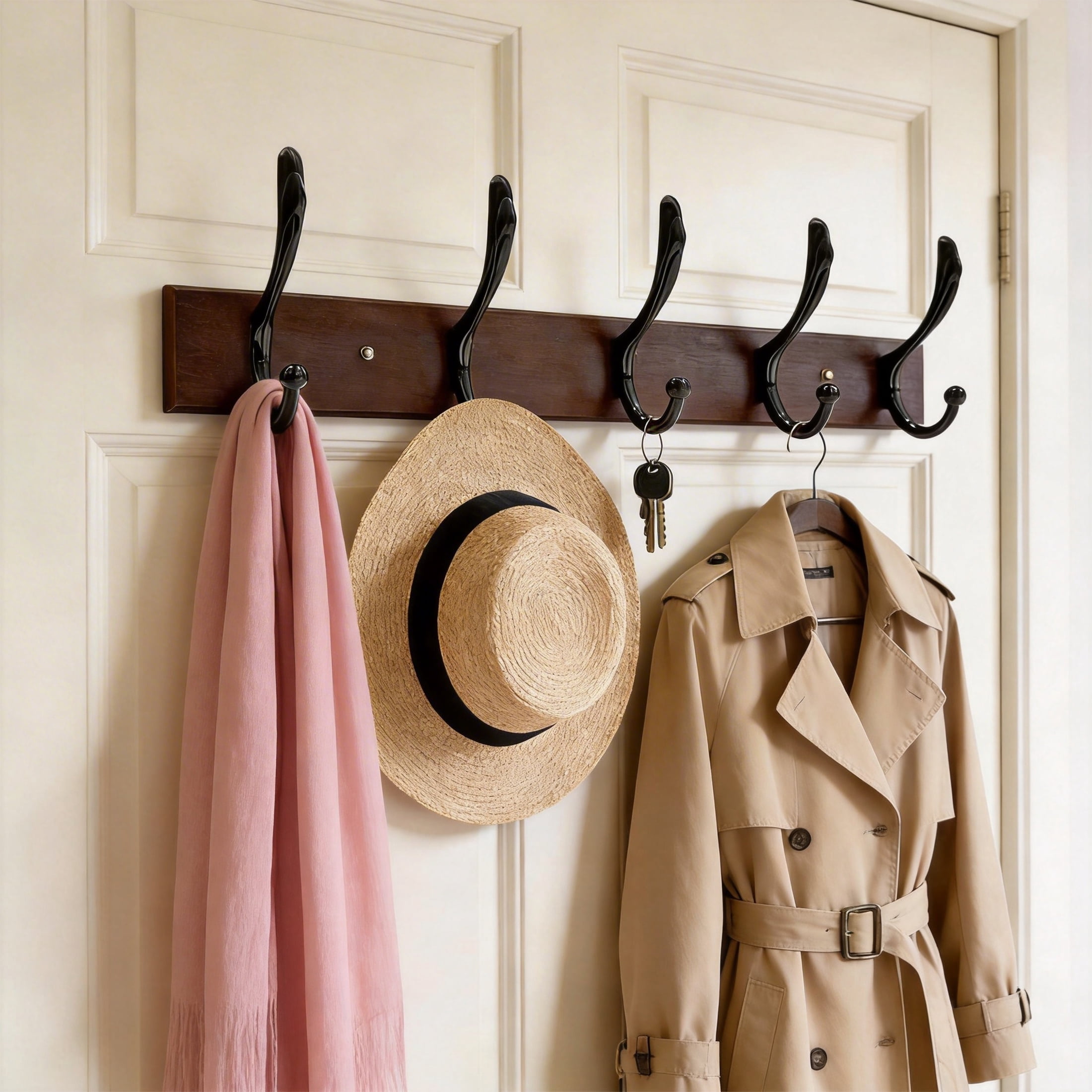 2 Pack Wall Mount Coat Hook Rack, Wooden Coat Rack with 5 Double Metal Hooks, Heavy Duty Entryway Hat Bag Towel Hanger for Bedroom Closet, Entryway Organizer for Coats, Hats, Bags and Umbrellas