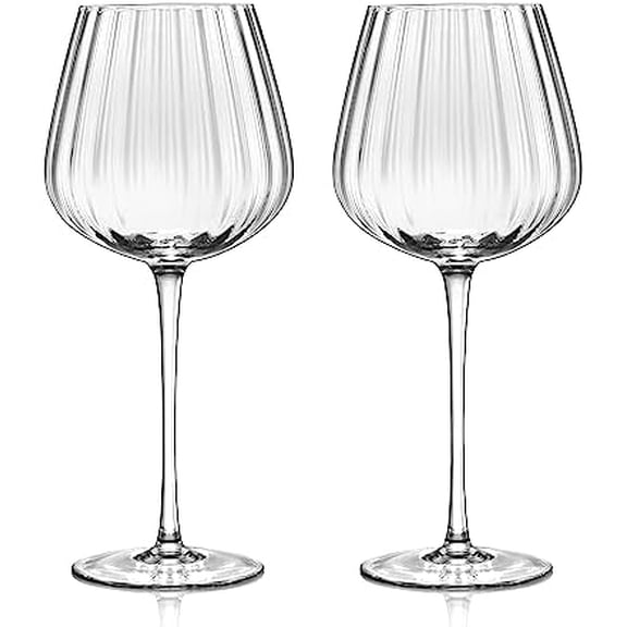 Hand-Blown Crystal Red and White Wine Glasses,Clear Ribbed Stemmed Glasses,Modern Long Stem Glassware Set,Gifts for Wine Tasting Birthday Anniversary Wedding,18.5 oz,Set of 2