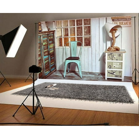 Image of 7x5ft Photography Backdrop Interior Sailing Room Lamp Hemp Rope Cabinet Chiar Vintage Bookcase Grunge Wood Floor Photo Background Children Baby Adults Portraits Backdrop