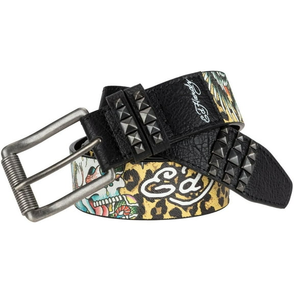 Ed Hardy Men's Leopard Skull Print Black Belt With Pyramid Rivet Studs (32, Black)