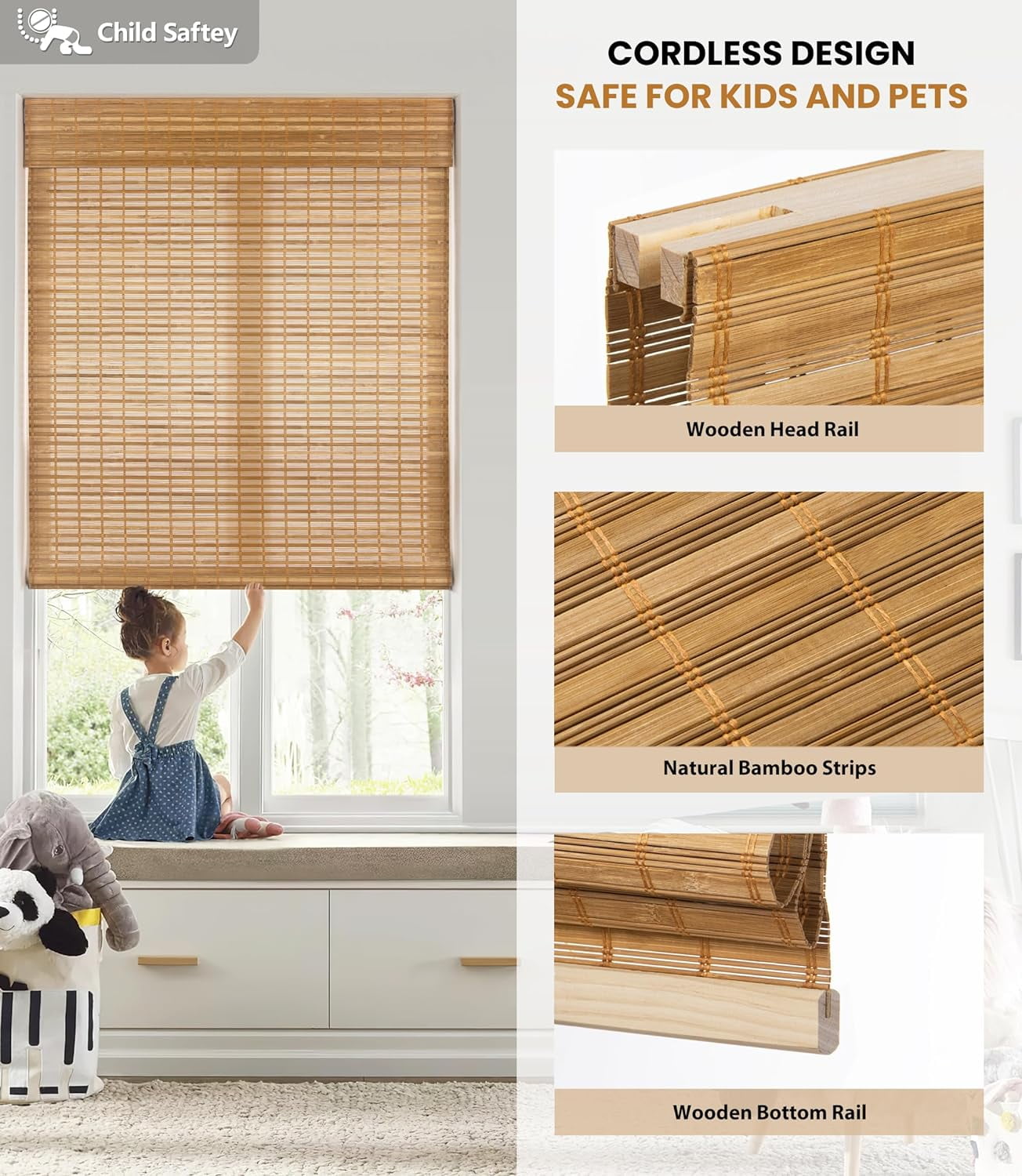 LazBlinds No Tools No Drill Cordless Bamboo Roman Shades, Light Filtering Window Treatment, Roll Up Bamboo Blinds for Window 47'' W x 64'' H, Squirrel