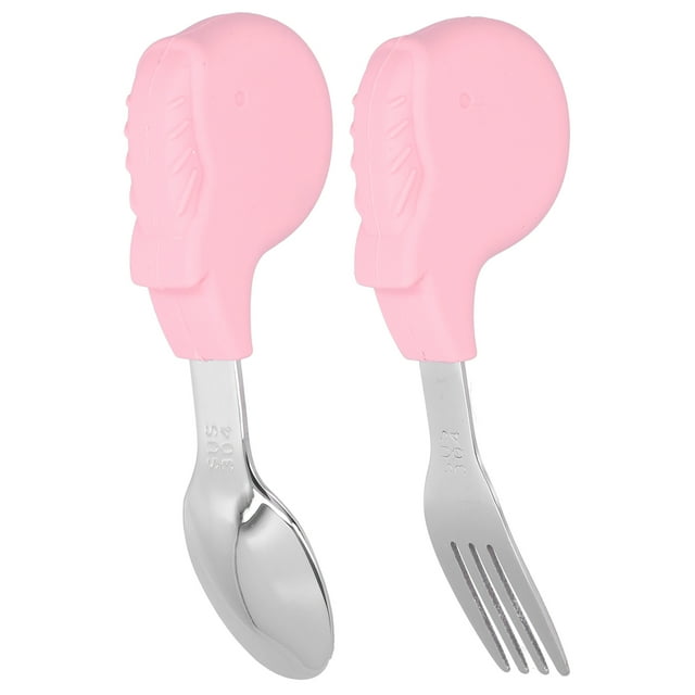 2PCS Toddler Utensils Spoon and Fork Set Stainless Steel Self Feeding Training Baby SetPink Whale Shape
